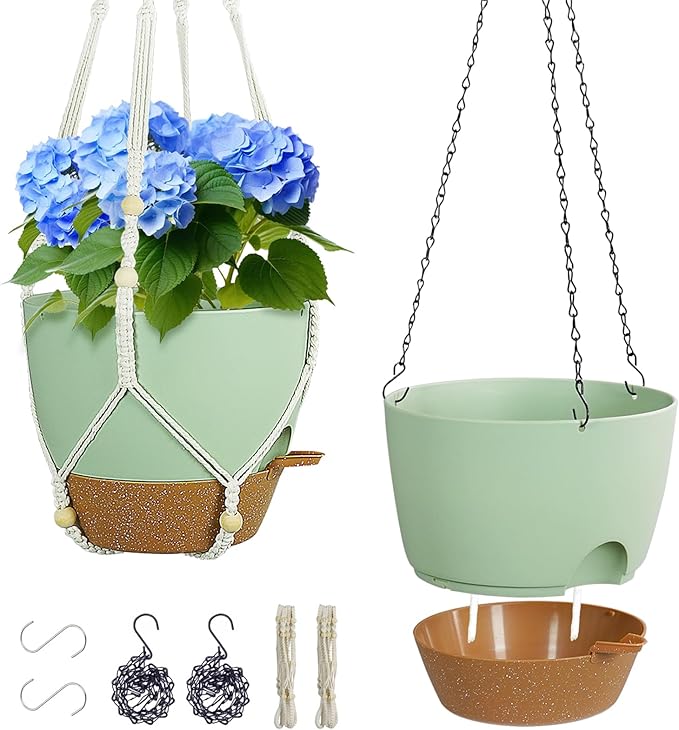 10 inch Self Watering Hanging Planters for Indoor Plants, 2 Pack Hanging Baskets for Outdoor Plants, Hanging Flower Pots with Drainage Holes & 2 Kinds of Plant Hangers for Home Decor, Green