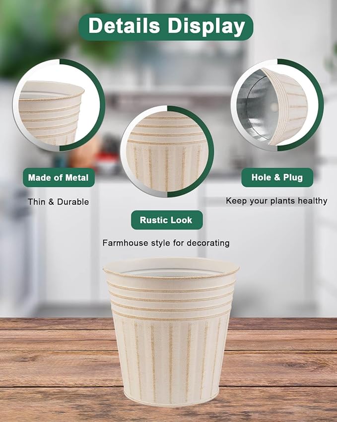 vensovo 7 Inches Beige Metal Rustic Flower Pots - 6 Pcs Medium Galvanized Planters with Drainage Hole and Rubber Plug, Rustproof Tin Bucket Plant Pot Farmhouse Vintage Style for Decor