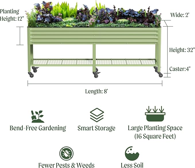Rolling Elevated Raised Garden Bed-V Series, 2' x 8' Garden Beds with Legs & Storage Rack for Patio & Porch, 1400 Lbs Weight Capacity, Outdoor Planter Box for Vegetables Flower Herbs, Pearl White