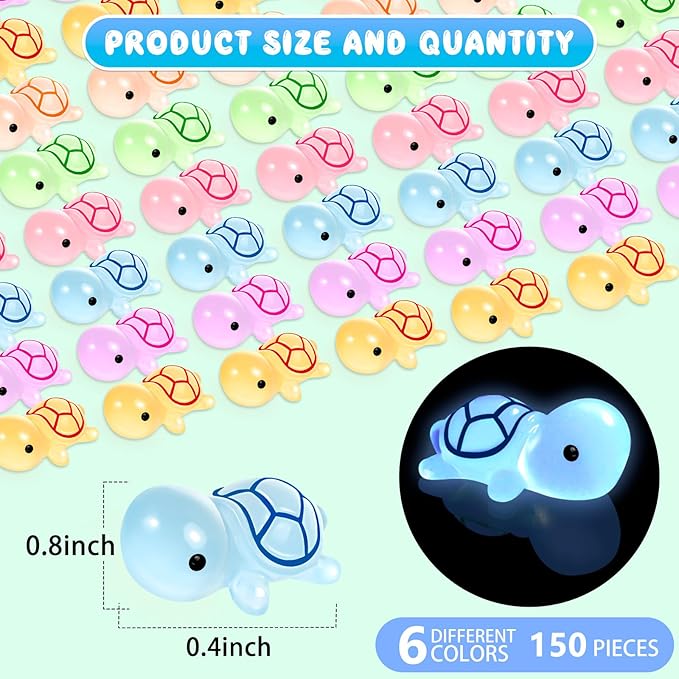 150PCS Luminous Mini Resin Turtles Sea Turtles Figurines Glow in The Dark, Cute Tiny Turtles Bulk for Cake Toppers Ocean Animal Theme Decor Garden Micro Landscape DIY Hidden Game (6 Colors)