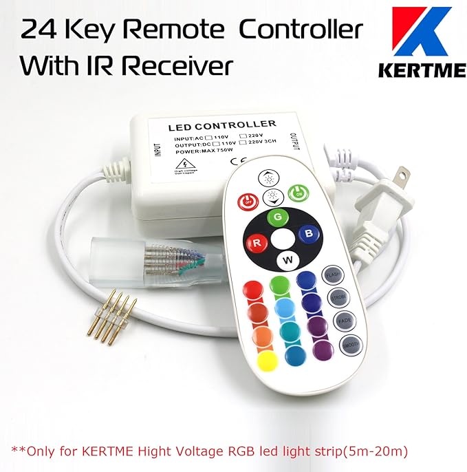 5050-60 Type AC 110-120V RGB LED Strip Lights, Flexible/Waterproof/Dimmable/Multi-Colors/Multi-Modes LED Rope Light + 24 Keys Remote for Home/Garden/Building Decoration (16.4ft/5m, RGB)