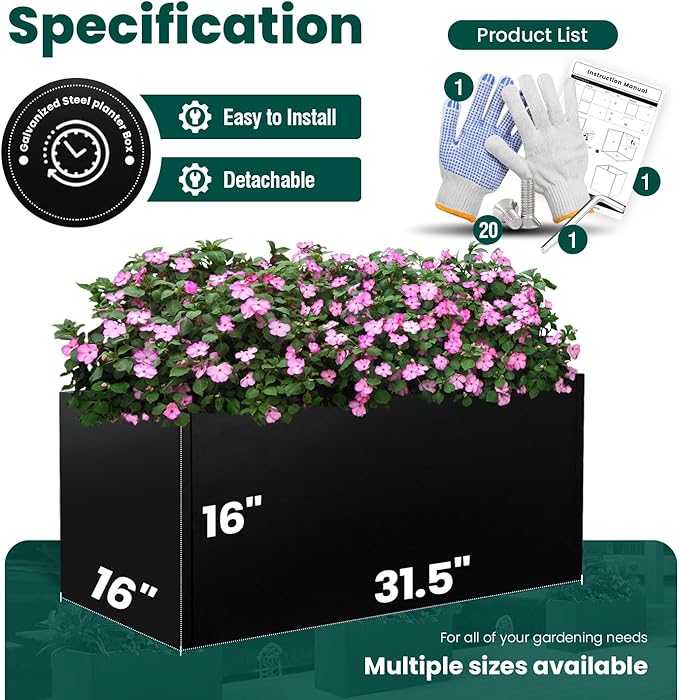 Galvanized Steel Metal Planter Rectangular Indoor Black Planter Box Large Outdoor Planters Steel 31.5" x 16" x 16" Commercial Residential for Patio, Deck, Garden