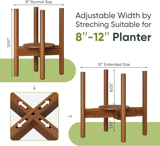 Adjustable Plant Stand, Bamboo Plant Stand Indoor with Tray, Wood Plant Stand for 8 to 12 inches Flower Pots, Single Mid Century Modern Plant Stand for Indoor Plants, Walnut