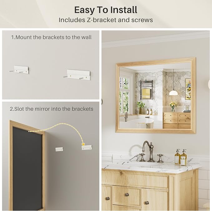 60x36 Inch Bathroom Mirror for Wall, Anti-Rust Oak Wood Grain Metal Framed - Image 5