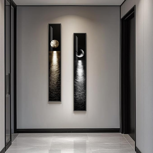 Framed Long Narrow Vertical Moon Wall Art Set of 2, Modern Black White Gold by Cuspin