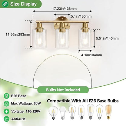 Zarbitta 3-Light Bathroom Light Fixtures, Brushed Brass Bathroom Wall Lights - Image 8