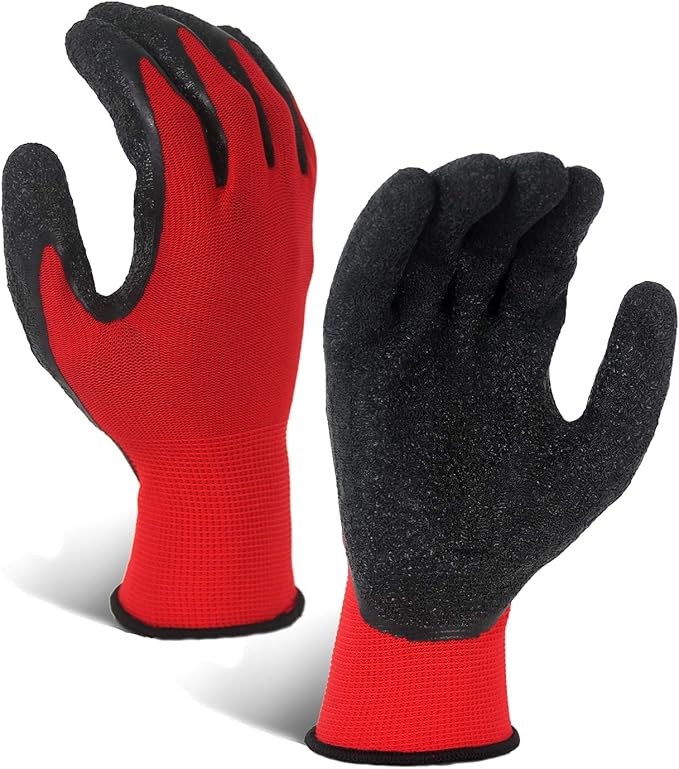 Evridwear Crinkle Latex Rubber Hand Coated Safety Work Gloves for Men Women General Multi Use Construction Warehouse Gardening Assembly Landscaping (XXL-Size) 12 Pairs Pack