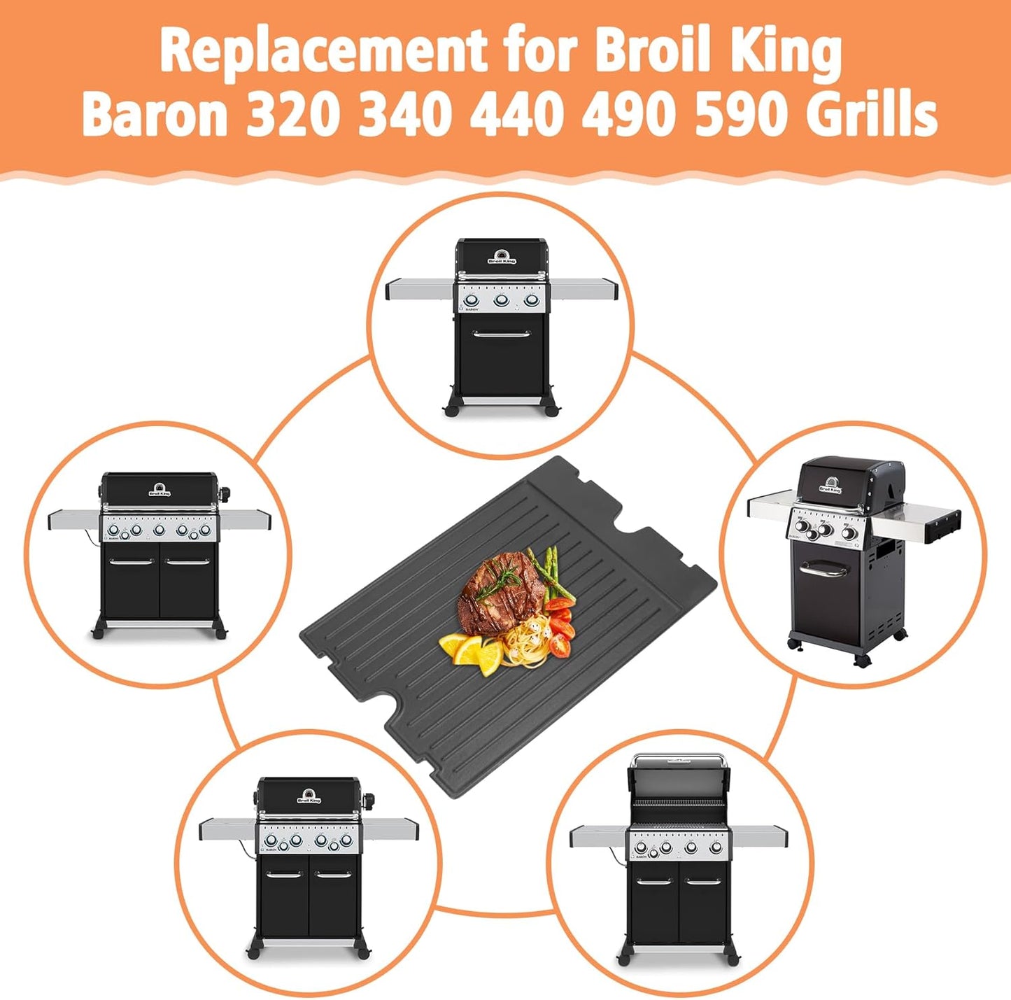 2-in-1 Reversible 17.48” x 12.48” Pre-Seasoned 11242 Cast Iron Griddle for Broil King Baron, Crown, Crown Pellet Series Grill, Flat Griddle Top Plate for Gas Stove/Charcoal/Electric/Propane/Gas Grill