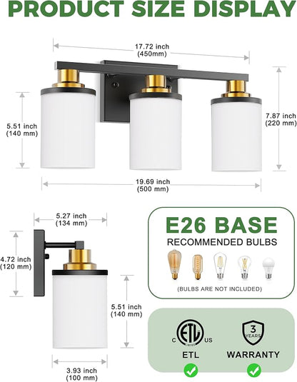 DORESshop Black and Gold Vanity Light, 3-Light Bathroom Light Fixture Over - Image 6
