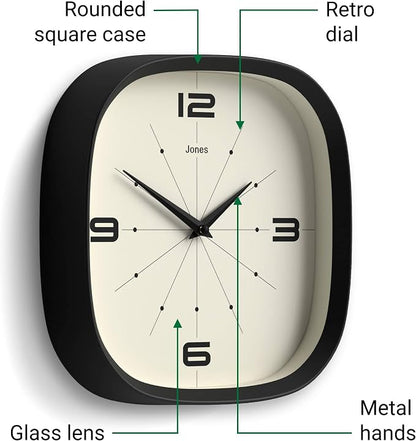 JONES CLOCKS® Pulsar wall Clock | Square Rounded Retro Clock | 10 inch | Black - Image 6