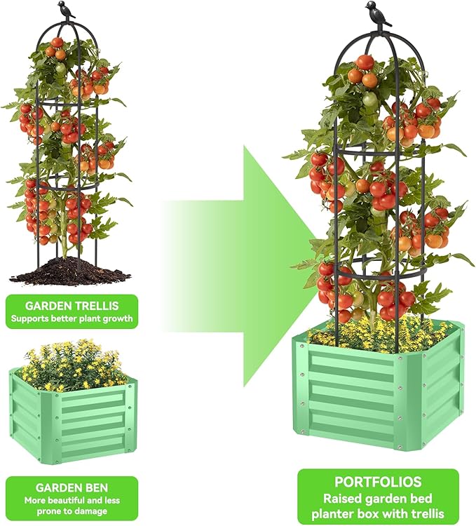 1Pack Raised Garden Beds Outdoor, Galvanized Metal Raised Garden Bed with Trellis, 16x16x60inch Tomato Cage Planters Box with Trellis for Climbing Plants Vegetable Vine Flowers