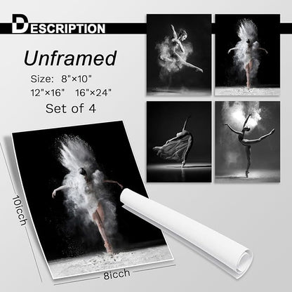 NCYEL 4Pcs Black and White Ballet Wall Art Girl Dancing Canvas Prints Elegant - Image 2