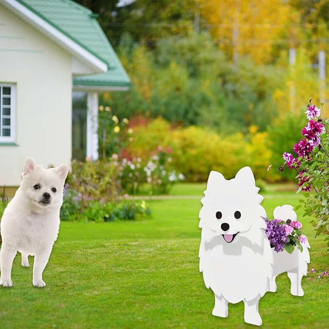 White Pomeranian Dog Planter Plant Pots,Cute Garden Dog Flower Planter,Dog Planters Birthday Gifts for Women,Office,Indoor/Outdoor Decor（9.45 * 6.65 * 12.13in）