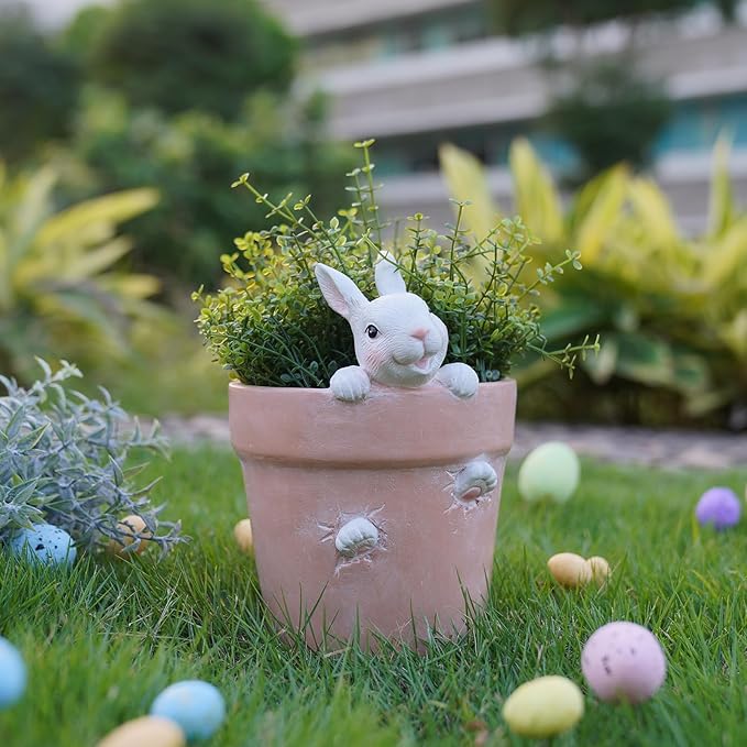 Easter - Spring Flower Pot - Bunny Decor - Easter Decoration - Decorative Garden Pots for Cactus Succulents Planter with Drainage Hole for Home Farmhouse Decor 5.75 x 5 x 7.25 inch Newman House Studio