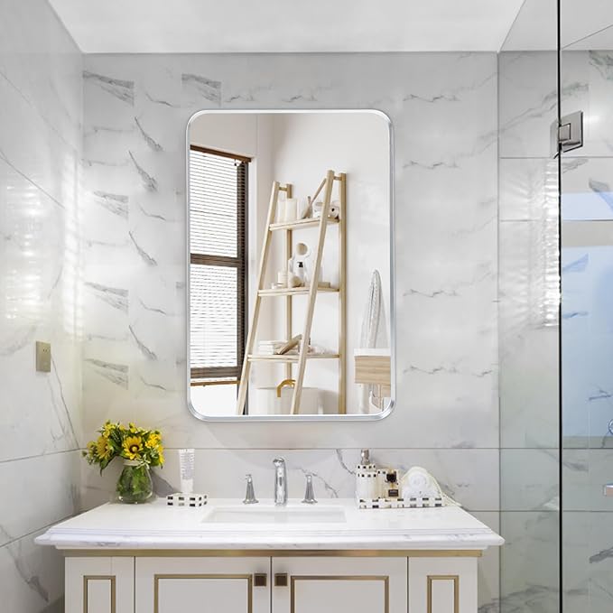 Wall Mount Mirror for Bathroom, Brushed Silver Metal Framed Rounded Corner - Image 2