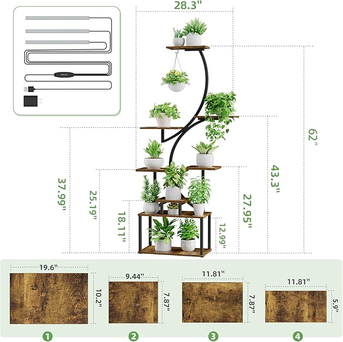 Simple Trending Plant Stand Indoor with Grow Lights, Heavy Duty 8 Tier Tall Plant Shelf for Plants Multiple, Metal Wood Plant Shelves Plant Display Holder for Garden, Black