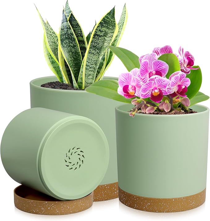 3 Pack 6/5/4 inch Cylindrical Flower Pots, Modern Small Round Plastic Plant Pots with Drainage Holes & Saucers, Clean and Refined Planter Pots for Outdoor, Indoor & Office Decor (Green Brown)