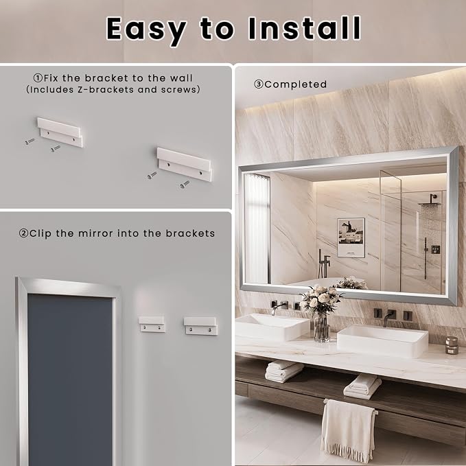Amorho Bathroom Mirror, 55x40 Inch Silver Thick Metal Framed Wall Mirrors - Image 8