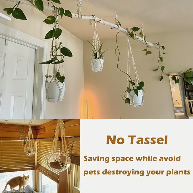 Macrame Plant Hangers with Pots and Saucers, 3 Pack Hanging Planters for Indoor Plants Hanging Plant Holders with Hooks 34" / 26" / 20"
