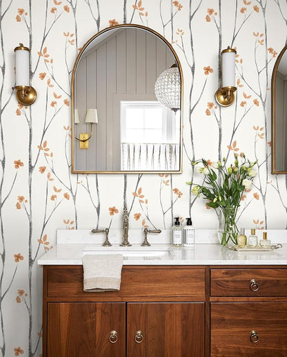 Timeet Peel and Stick Wallpaper White and Orange Floral Wallpaper Boho Leaf - Image 3