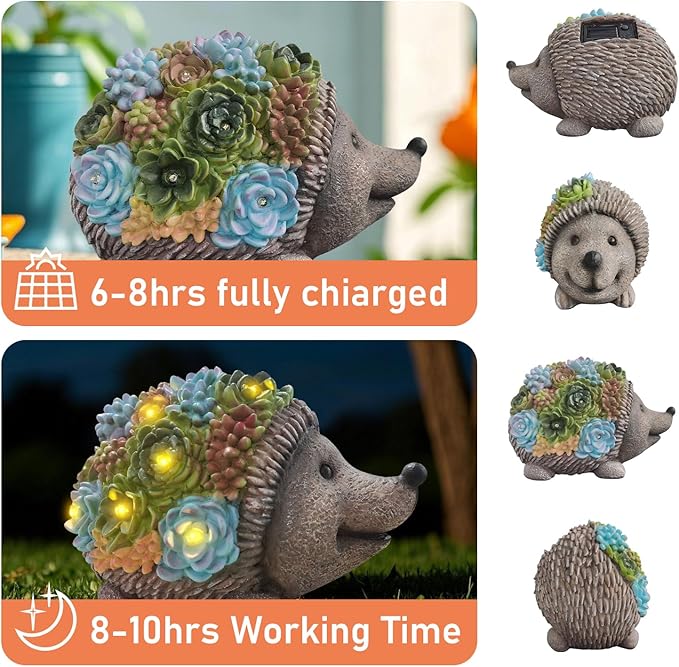 Outdoor Solar Garden Hedgehog Statue Decorative Lawn Statue with Succulents and 7 LED Lights for Garden, Outdoor Patio and Terrace, Birthday Gift for Women, Unique
