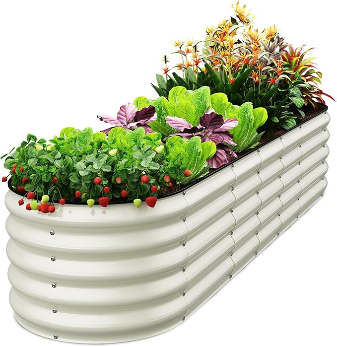 Oval 8x2x1.5 FT Galvanized Raised Garden Bed Kit, 31 in 1 Large Metal Planter Box for Outdoor Gardening, 18” Garden Bed for Vegetables Flower Herb(Pearl White)