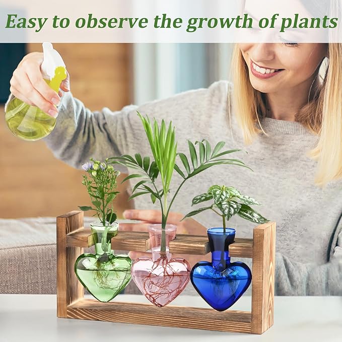 Lifecapido Heart Shaped Propagation Stations, Plant Terrarium with Wooden Stand, Plant Propagation Station for Hydroponics Office Garden Home Decor, Gifts for Women Plant Lover (3 Vases, Multicolor)