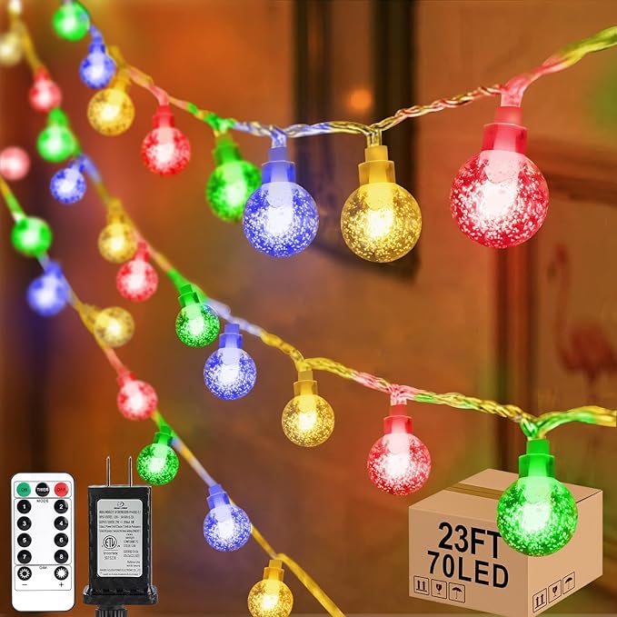 22.9ft 70LED Globe String Lights Outdoor,Crystal Fairy Light IP44 Waterproof Outdoor Hanging Decorative Lights for Home Tent Patio Garden Party Wedding Decor