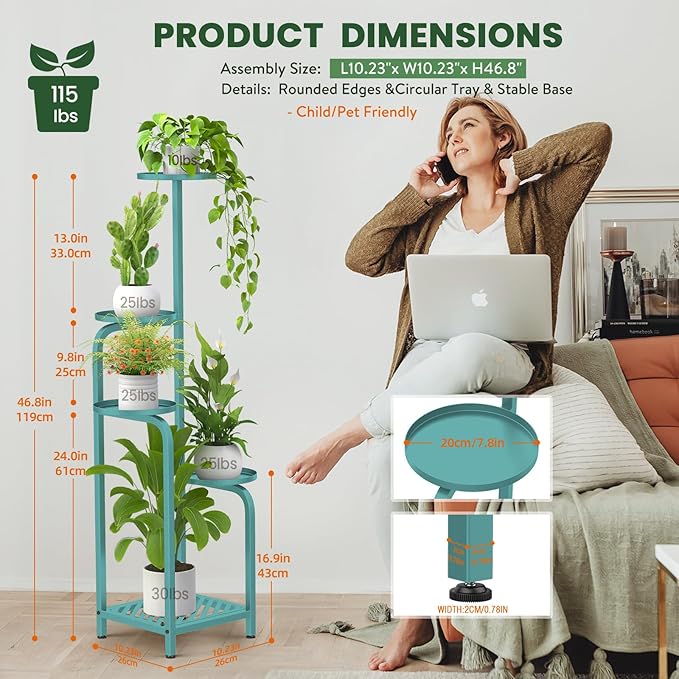 TOSKING 5 Tier Tall Plant Stand Indoor Outdoor, Heavy Duty Corner Shelf for Plants & Decor, Space Saving 3.9FT Metal Flower Pot Stand for Balcony, Garden, Living Room, Patio (Blue, 47in)