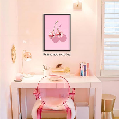 jkahh Funky Pink Cherry Poster Retro Disco Ball Canvas Wall Art Trendy Preppy - Image 3