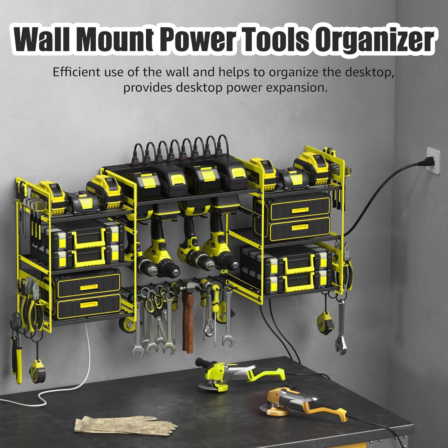 CCCEI Green Power Tool Organizer Wall Mount, Large Tools and Battery Storage Rack Charging Station Individual Switches. Drills Holder, Garage Utility Shelves with 6FT Power Strip. Gift for Men.