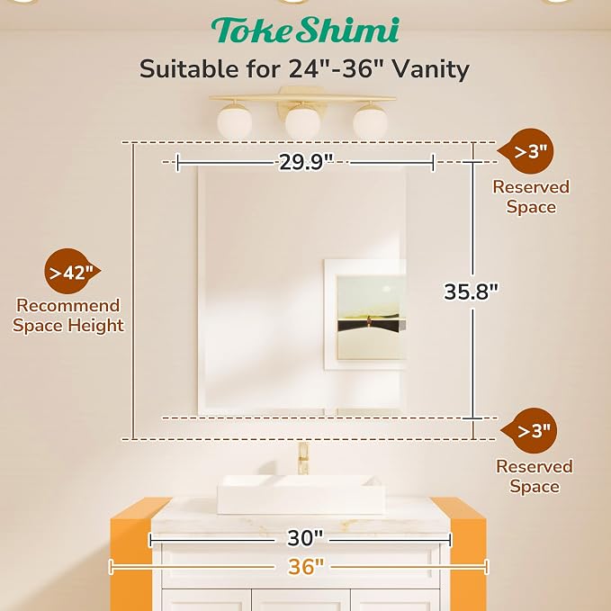 TokeShimi 30x36 Beveled Bathroom Mirror Frameless, Rectangle Bathroom Vanity - Image 2