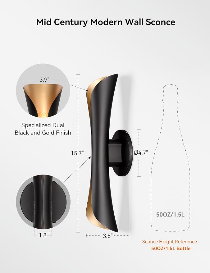 Tubicen Wall Sconces Set of Two Dimmable Mid-Century Modern Black and Gold - Image 8