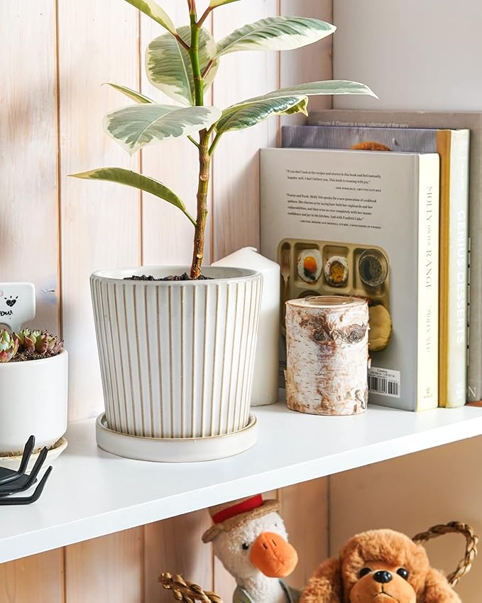 LE TAUCI Ceramic Pots for Plants, 5.4 Inch Plant Pots with Drainage Hole and Saucer, Indoor Plant Pots for Succulent, Snake Plants and Cactus, Flower Pots, Set of 2, Reactive Glaze White