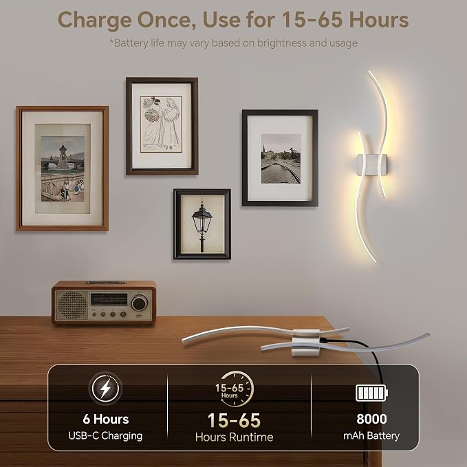 Battery Operated Wall Sconce Set of 2, Dimmable Modern LED Rechargeable Wall - Image 4