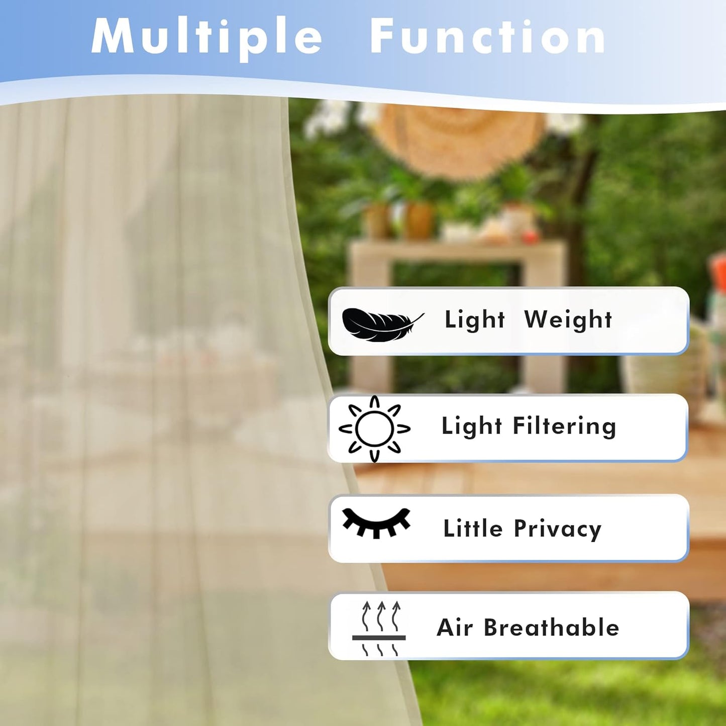 HolidayIdeas Outdoor Sheer Curtains for Patio Waterproof, 4 Panels - 54 x 95 Inch - Light Filtering Voile Outside Curtains Grommet Drapes for Front Porch, Gazebo, Pergola, Backyard, Linen Color