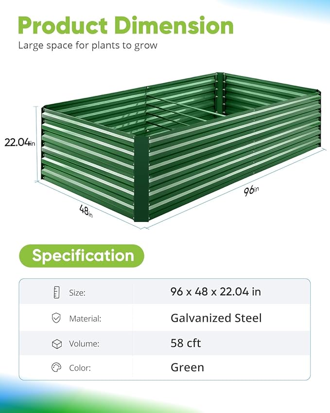 Quictent Galvanized Raised Garden Bed 8x4x2 Ft Tall Metal Planter Box for Vegetables Outdoor Bottomless for Backyard, 2 Tomato Cages Included, 22.04" Deep (Green)