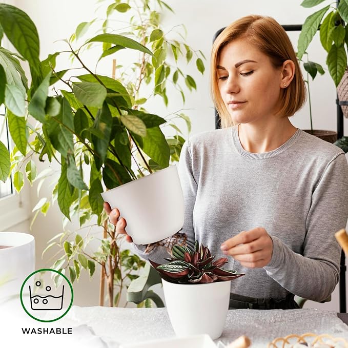 Eco Friendly Plant Pot Set -5-Pack Home Decor Flower Indoor and Outdoor Plastic Pots with Drainage Holes, Assorted Sizes (7", 6.6", 6", 5.3", 4.8") - Stackable Garden Versatile Planters