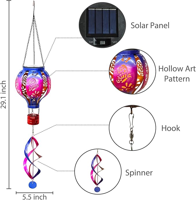 Hot Air Balloon Solar Lantern Butterfly Wind Spinners with Flickering Flame Light Hanging Solar Lantern Outdoor Waterproof Decorations for Outside Patio Garden Yard