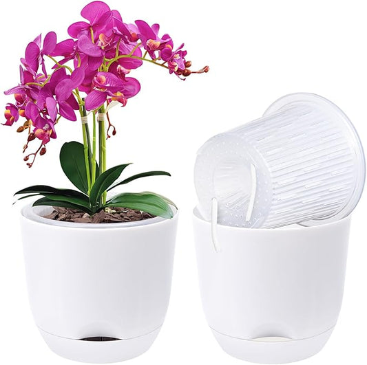 QCQHDU 2 Pack Orchid Pots with Holes for Repotting, Double-Layer and Self Watering Orchid Pot with Good Air Circulation