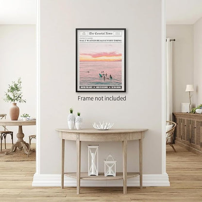 Pink Beach Newspaper Posters Vintage Fashion Coastal Girl Surf Wall Art Grainy - Image 4