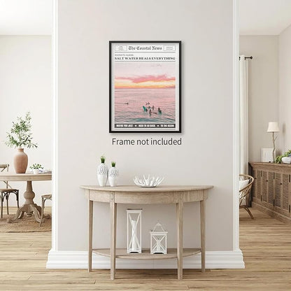 Pink Beach Newspaper Posters Vintage Fashion Coastal Girl Surf Wall Art Grainy - Image 4