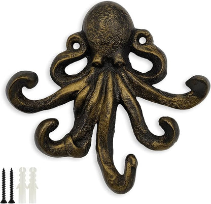 Octopus Cast Iron Wall Hook – Nautical Decorative Key Holder, Coastal Ocean by HERNGEE