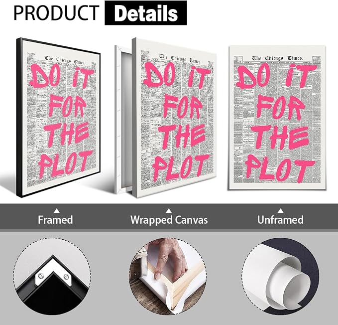 Enlaizhude Pink Do It For The Plot Quote Poster, Vintage Black White Newspaper - Image 2