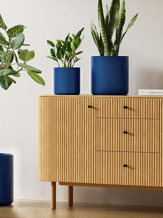 LE TAUCI Ceramic Plant Pots Indoor, 10+8+6 Inch Planters for Indoor Plants, Mid-Century Modern Flower Pots with Drainage Hole and Plug, Cylinder Round Planters, Set of 3, Sapphire Blue