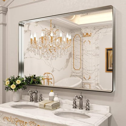 LOAAO 60X40 Inch Brushed Nickel Bathroom Mirror, Rounded Rectangle Silver Metal - Image 8