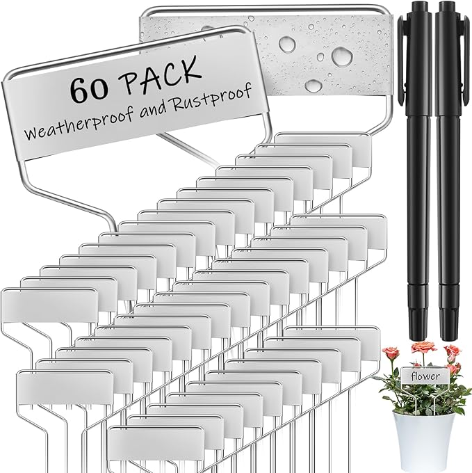 Moxweyeni 60 Pcs Metal Garden Tags Plant Labels for Garden Waterproof Plant Markers with 2 Permanent Pen Planting Nursery Tags Reusable Labels Stake for Plants(Aluminum,6 Inch)