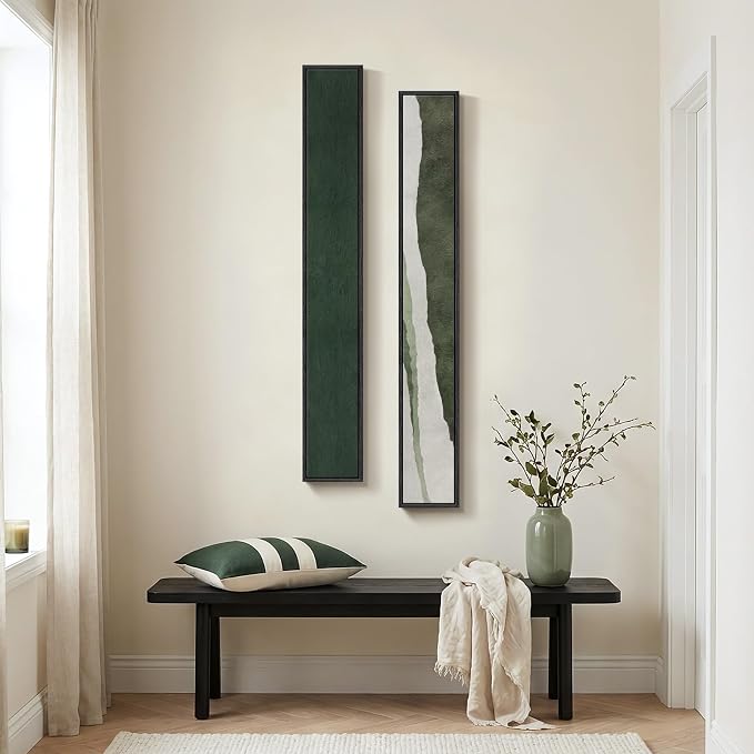 Long Narrow Framed Green Vertical Abstract Wall Art Set, 2 Piece Modern Canvas by Cuspin