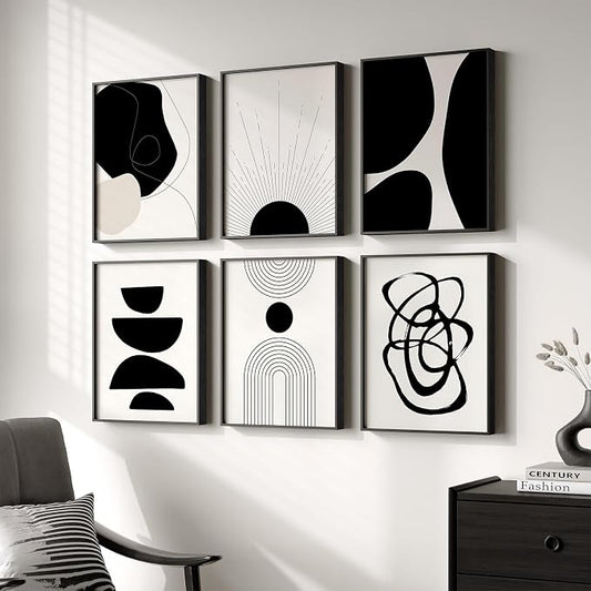 Framed Boho Black and White Abstract Wall Art, Minimalist Geometric Pictures by Cuspin