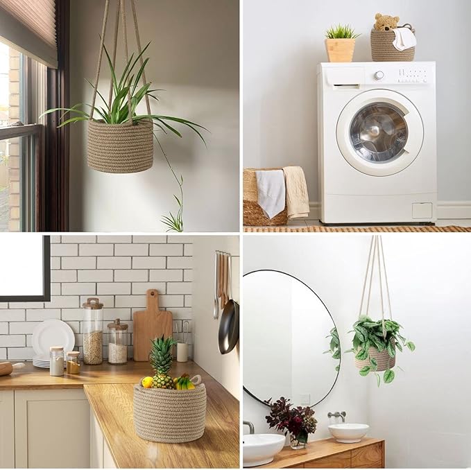 Flexzion Hanging Plant Basket, Boho Cotton Rope Basket Indoor Hanging Planter, Up to 7" Flower Pot, Macrame Woven Modern Plant Holder, Storage Bin Organizer, Home Decor with 20" Hanging Rope, Brown